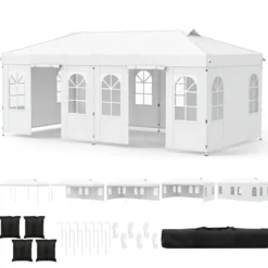 Pavillon 3 x 6 m Pop up Partyzelt Höhenverstellbar mit 6 Seitenwänden & Fenstern Blau/Schwarz/Grau/Weiß