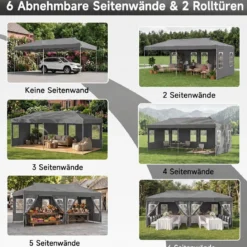 Pavillon 3 x 6 m Pop up Partyzelt Höhenverstellbar mit 6 Seitenwänden & Fenstern Blau/Schwarz/Grau/Weiß