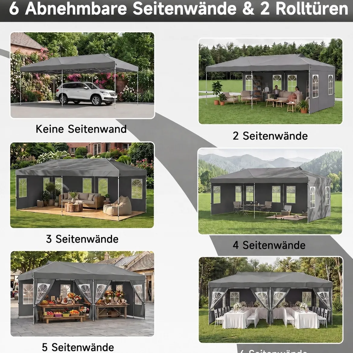 Pavillon 3 x 6 m Pop up Partyzelt Höhenverstellbar mit 6 Seitenwänden & Fenstern Blau/Schwarz/Grau/Weiß