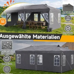 Pavillon 3 x 6 m Pop up Partyzelt Höhenverstellbar mit 6 Seitenwänden & Fenstern Blau/Schwarz/Grau/Weiß