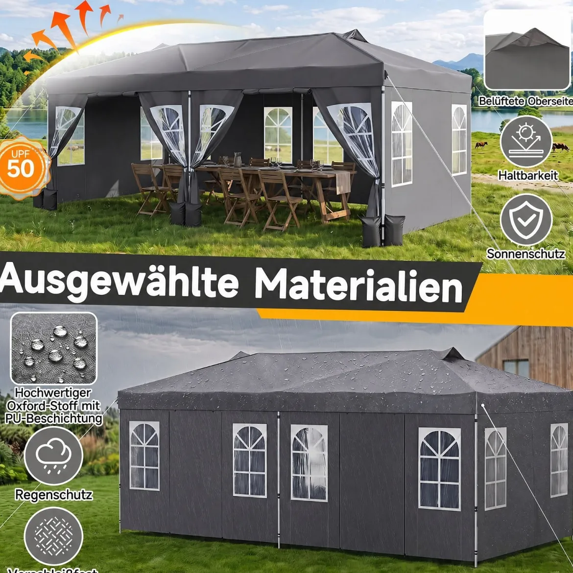 Pavillon 3 x 6 m Pop up Partyzelt Höhenverstellbar mit 6 Seitenwänden & Fenstern Blau/Schwarz/Grau/Weiß