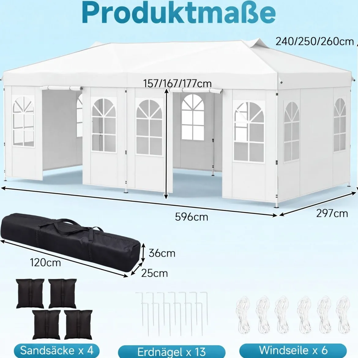 Pavillon 3 x 6 m Pop up Partyzelt Höhenverstellbar mit 6 Seitenwänden & Fenstern Blau/Schwarz/Grau/Weiß