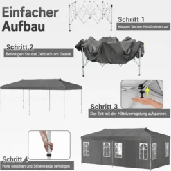 Pavillon 3 x 6 m Pop up Partyzelt Höhenverstellbar mit 6 Seitenwänden & Fenstern Blau/Schwarz/Grau/Weiß