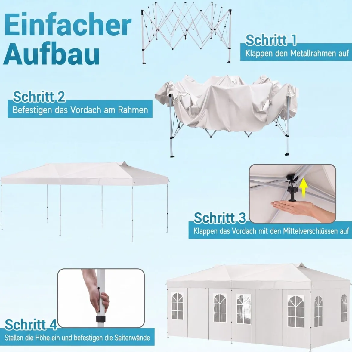Pavillon 3 x 6 m Pop up Partyzelt Höhenverstellbar mit 6 Seitenwänden & Fenstern Blau/Schwarz/Grau/Weiß