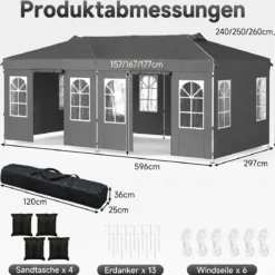 Pavillon 3 x 6 m Pop up Partyzelt Höhenverstellbar mit 6 Seitenwänden & Fenstern Blau/Schwarz/Grau/Weiß