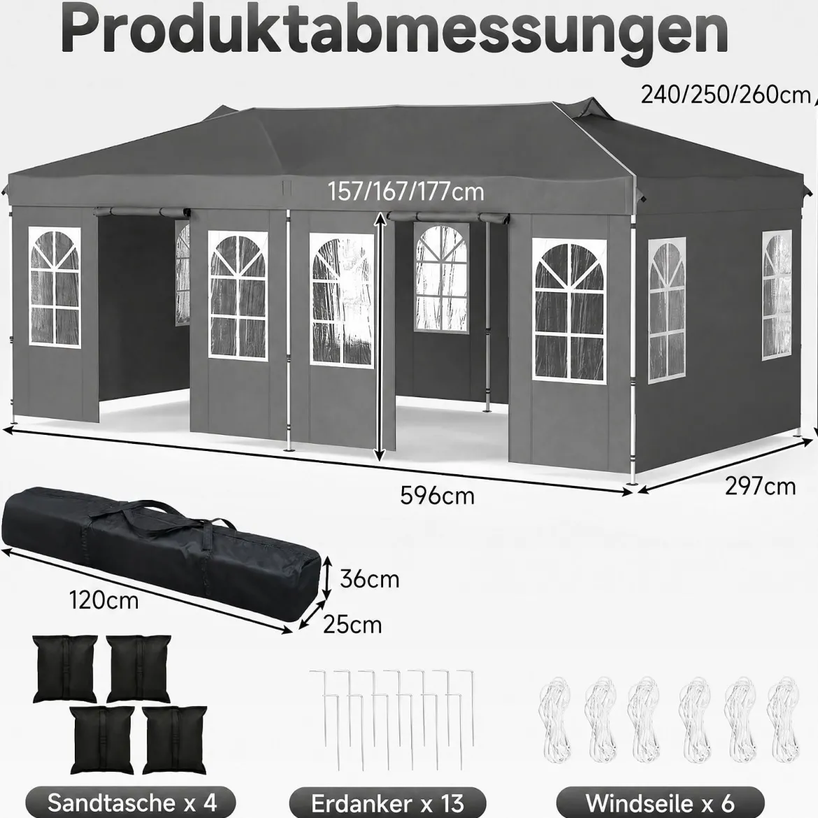 Pavillon 3 x 6 m Pop up Partyzelt Höhenverstellbar mit 6 Seitenwänden & Fenstern Blau/Schwarz/Grau/Weiß