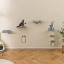 5 PCS Katzen Kletterwand Kratzbaum mit Plattformen & Kratzbrett 2 Sitzstange mit Kissen