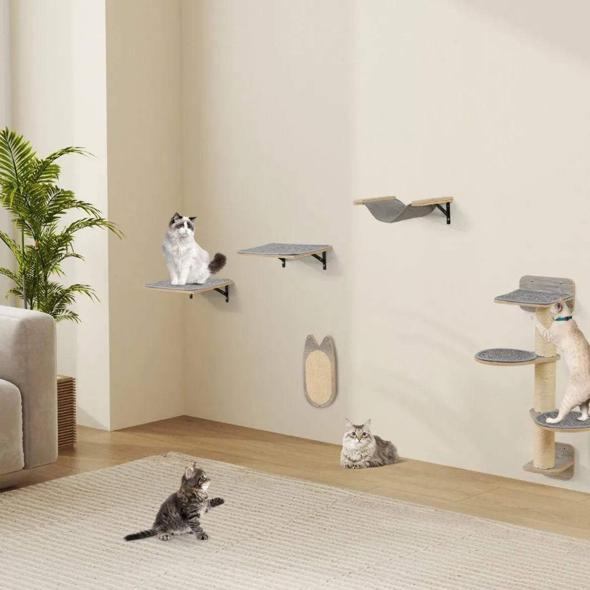 5 PCS Katzen Kletterwand Kratzbaum mit Plattformen & Kratzbrett 2 Sitzstange mit Kissen