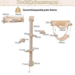 5 PCS Kletterwand Katzen Kratzbaum mit Plattformen Jute-Kratzstangen Katzenbett 2 Hängematten Katzenmöbel Natur