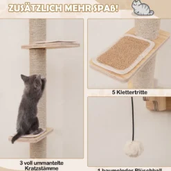 5 PCS Kletterwand Katzen Kratzbaum mit Plattformen Jute-Kratzstangen Katzenbett 2 Hängematten Katzenmöbel Natur