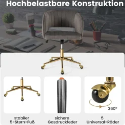 PC-Stuhl aus Samt moderner Drehstuhl mit gepolsterter Rückenlehne verstellbarer Rückenlehnenwinkel Sitzbreite 52cm Grau
