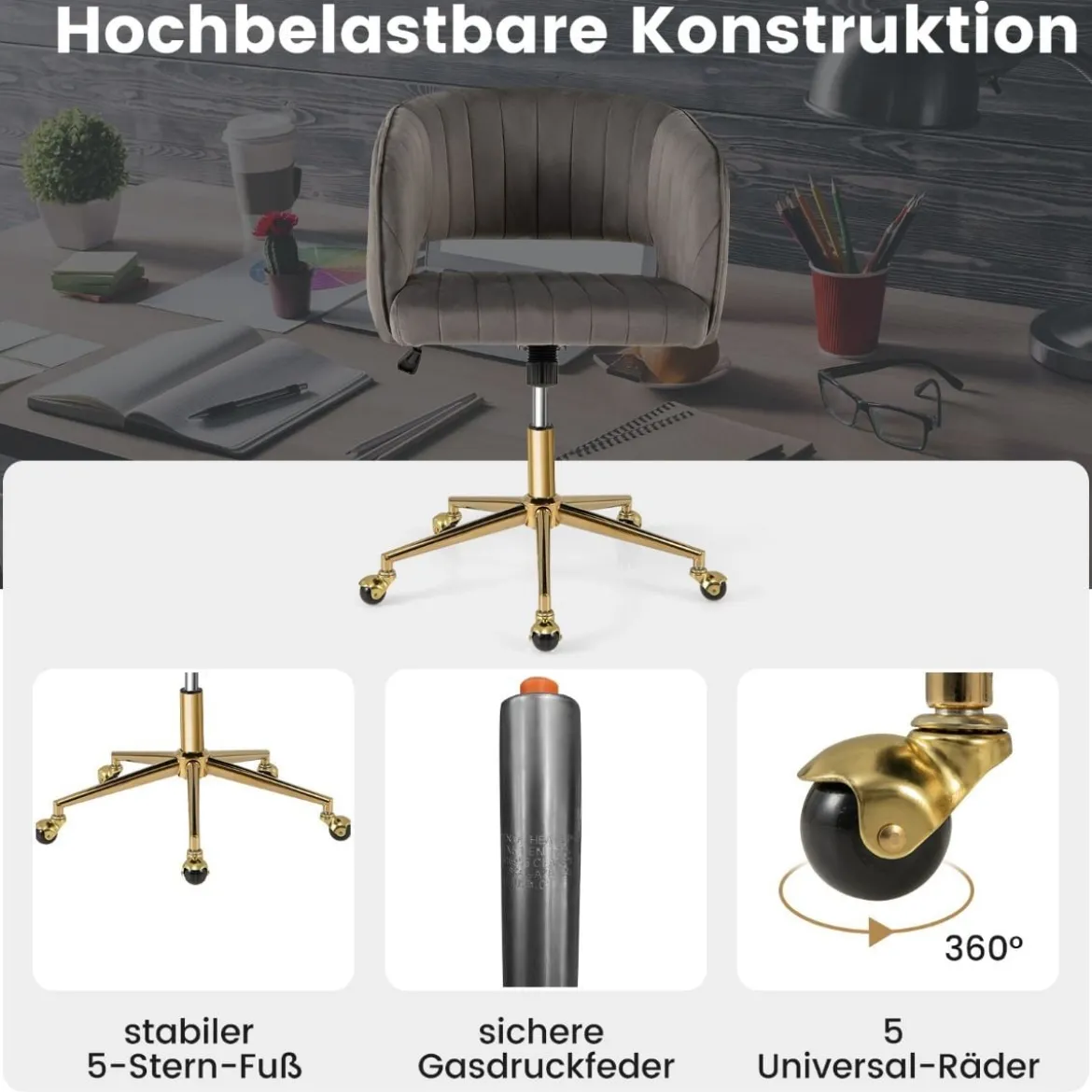 PC-Stuhl aus Samt moderner Drehstuhl mit gepolsterter Rückenlehne verstellbarer Rückenlehnenwinkel Sitzbreite 52cm Grau