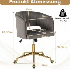 PC-Stuhl aus Samt moderner Drehstuhl mit gepolsterter Rückenlehne verstellbarer Rückenlehnenwinkel Sitzbreite 52cm Grau