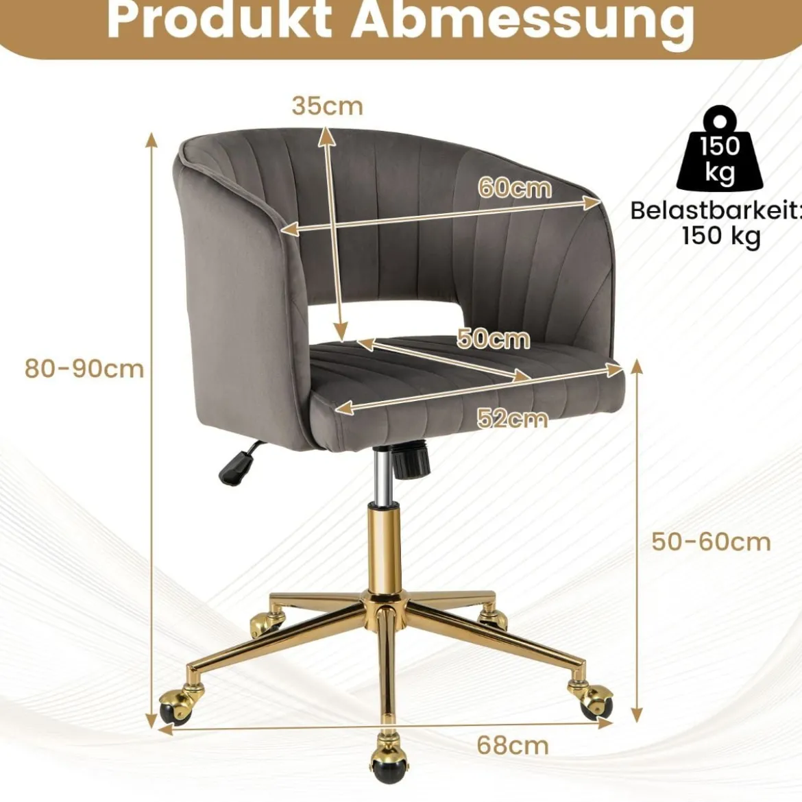PC-Stuhl aus Samt moderner Drehstuhl mit gepolsterter Rückenlehne verstellbarer Rückenlehnenwinkel Sitzbreite 52cm Grau