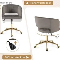 PC-Stuhl aus Samt moderner Drehstuhl mit gepolsterter Rückenlehne verstellbarer Rückenlehnenwinkel Sitzbreite 52cm Grau