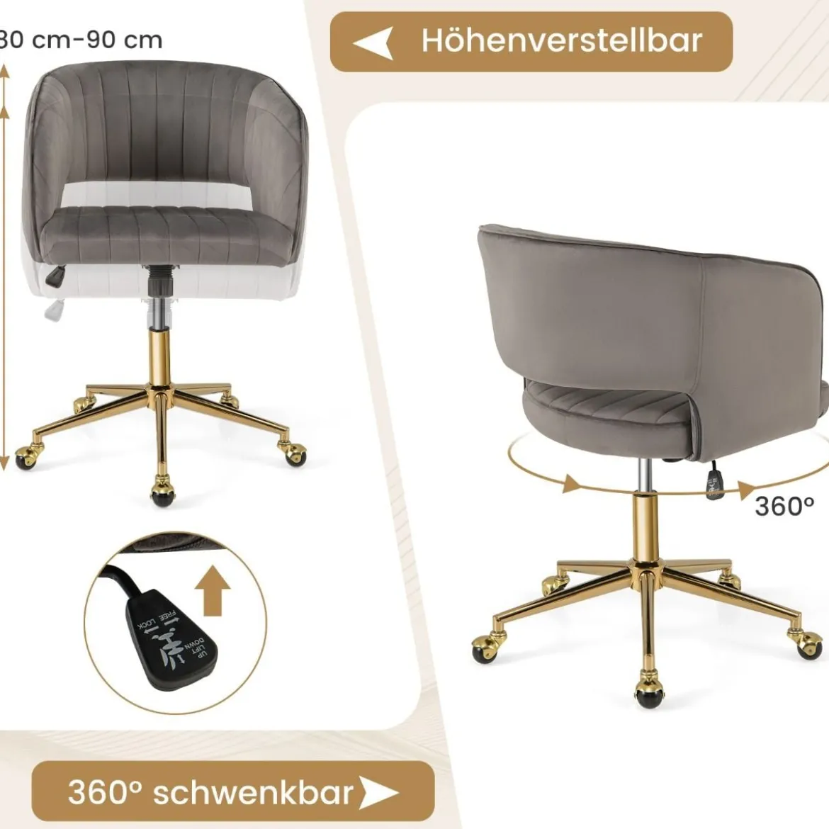 PC-Stuhl aus Samt moderner Drehstuhl mit gepolsterter Rückenlehne verstellbarer Rückenlehnenwinkel Sitzbreite 52cm Grau