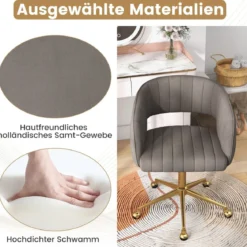 PC-Stuhl aus Samt moderner Drehstuhl mit gepolsterter Rückenlehne verstellbarer Rückenlehnenwinkel Sitzbreite 52cm Grau