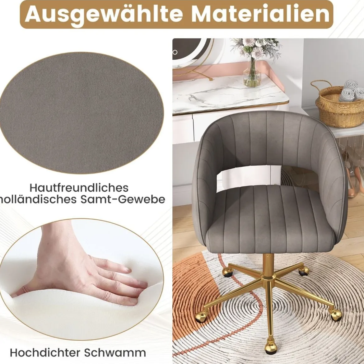 PC-Stuhl aus Samt moderner Drehstuhl mit gepolsterter Rückenlehne verstellbarer Rückenlehnenwinkel Sitzbreite 52cm Grau