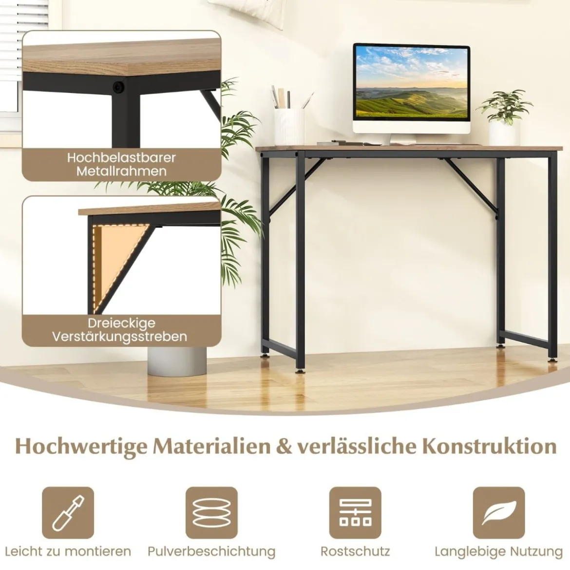 PC-Tisch mit Verstellbaren Fußpolstern Kompakter Computertisch Schreibtisch 100 x 50 x 77 cm Natur