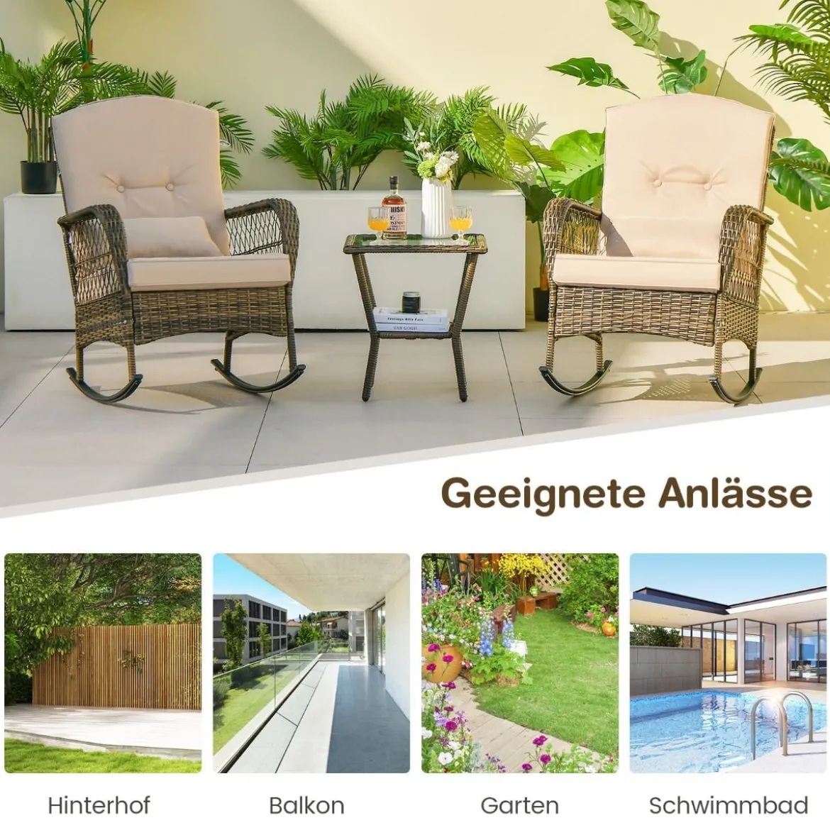 PE-Rattan-Stühle & Beistelltisch 3-Teiliges Schaukelstuhl-Set
