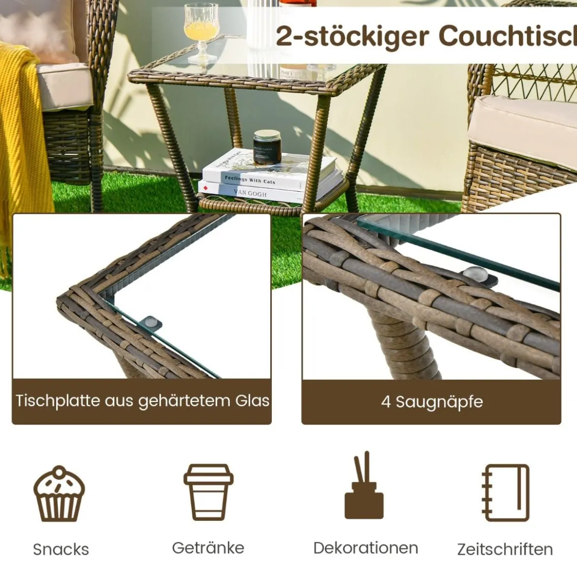 PE-Rattan-Stühle & Beistelltisch 3-Teiliges Schaukelstuhl-Set