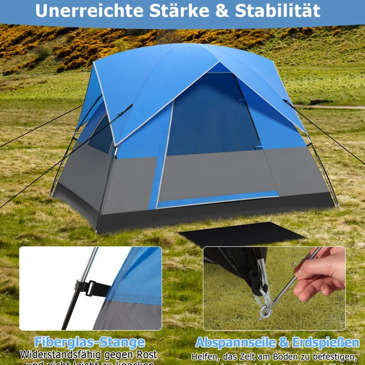 3 Personen Campingzelt mit Abnehmbarer Bodenmatte & Regenschutz & Tragetasche