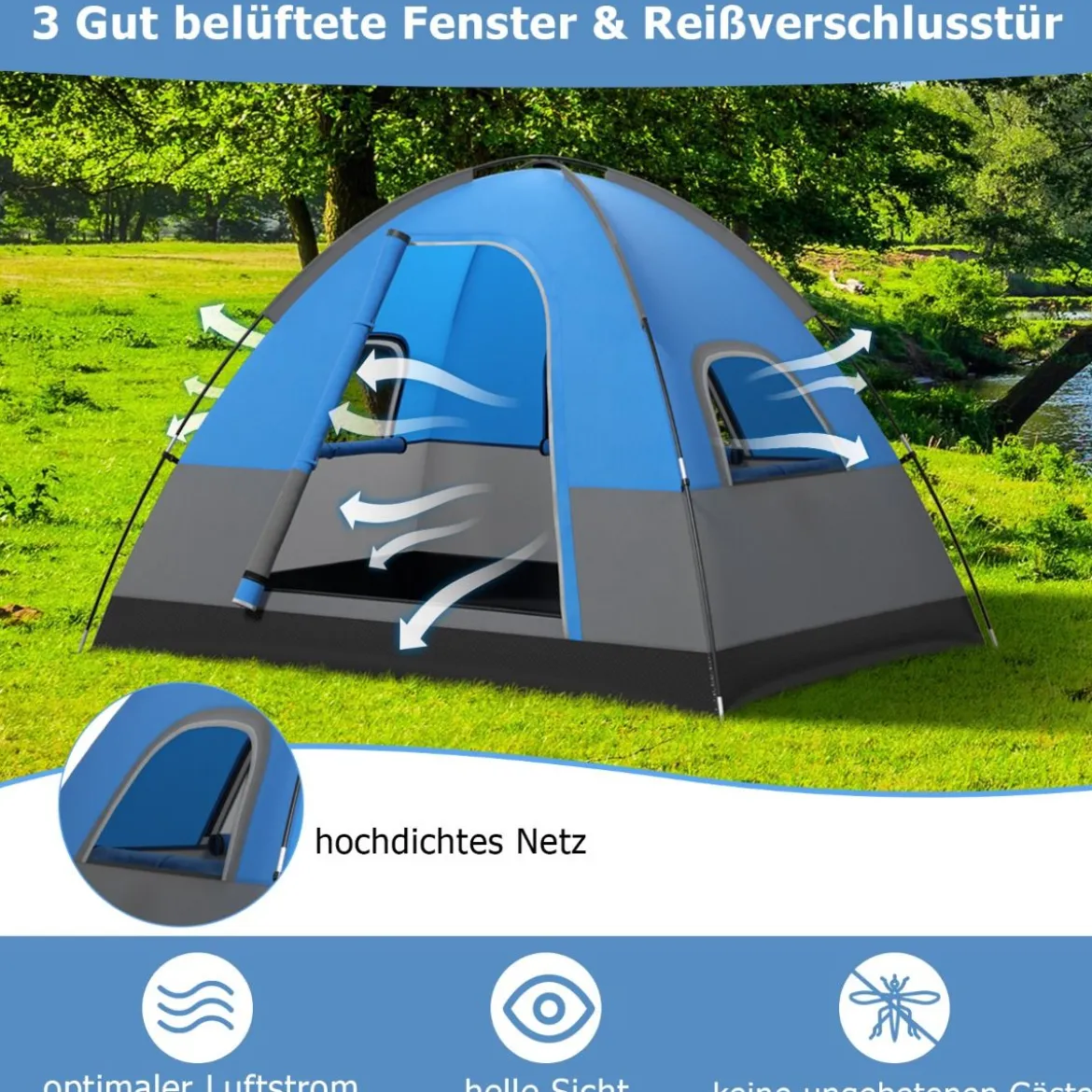 3 Personen Campingzelt mit Abnehmbarer Bodenmatte & Regenschutz & Tragetasche