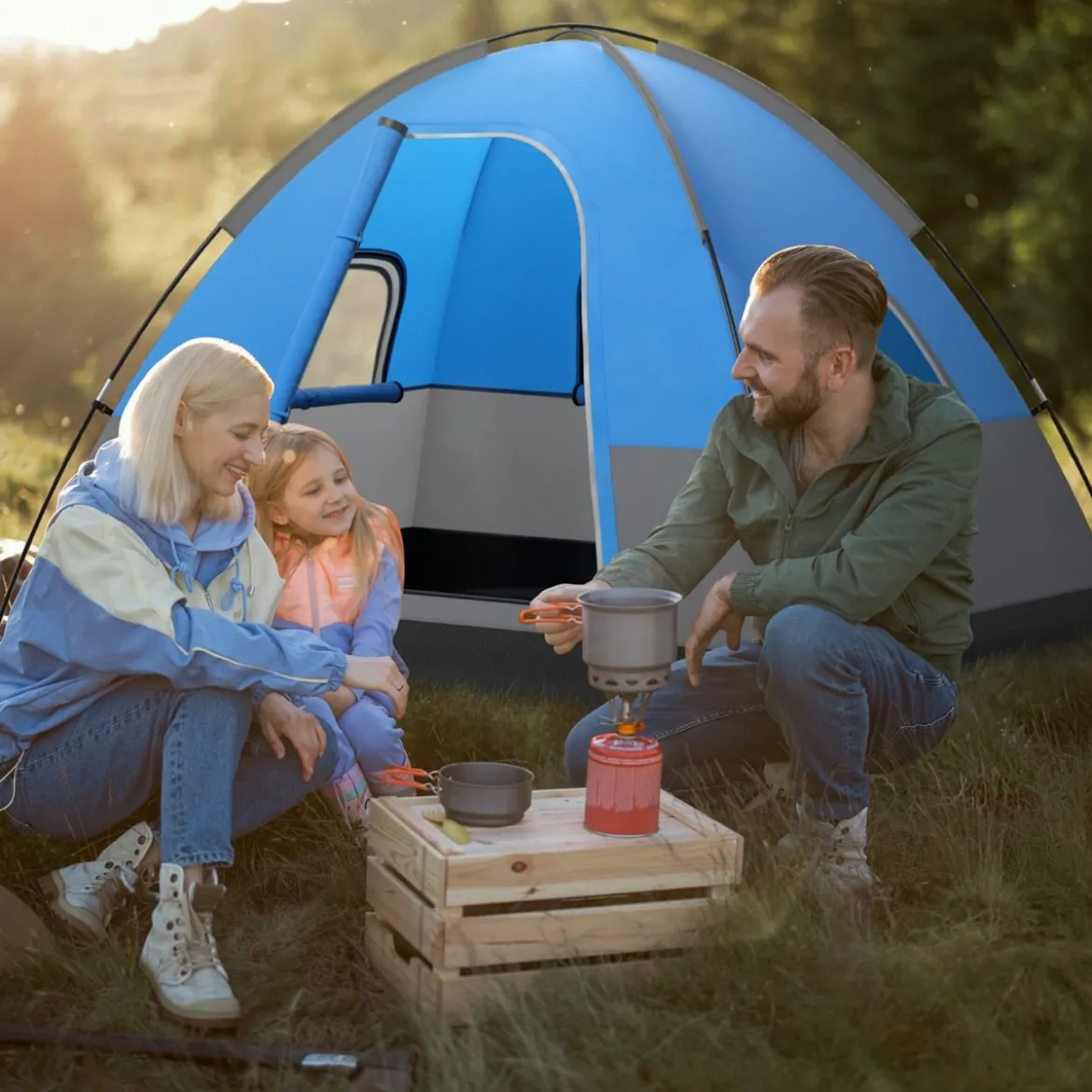 3 Personen Campingzelt mit Abnehmbarer Bodenmatte & Regenschutz & Tragetasche