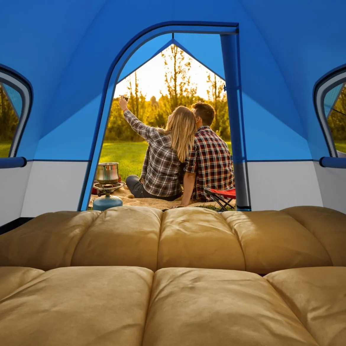 3 Personen Campingzelt mit Abnehmbarer Bodenmatte & Regenschutz & Tragetasche