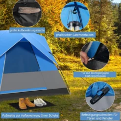 3 Personen Campingzelt mit Abnehmbarer Bodenmatte & Regenschutz & Tragetasche