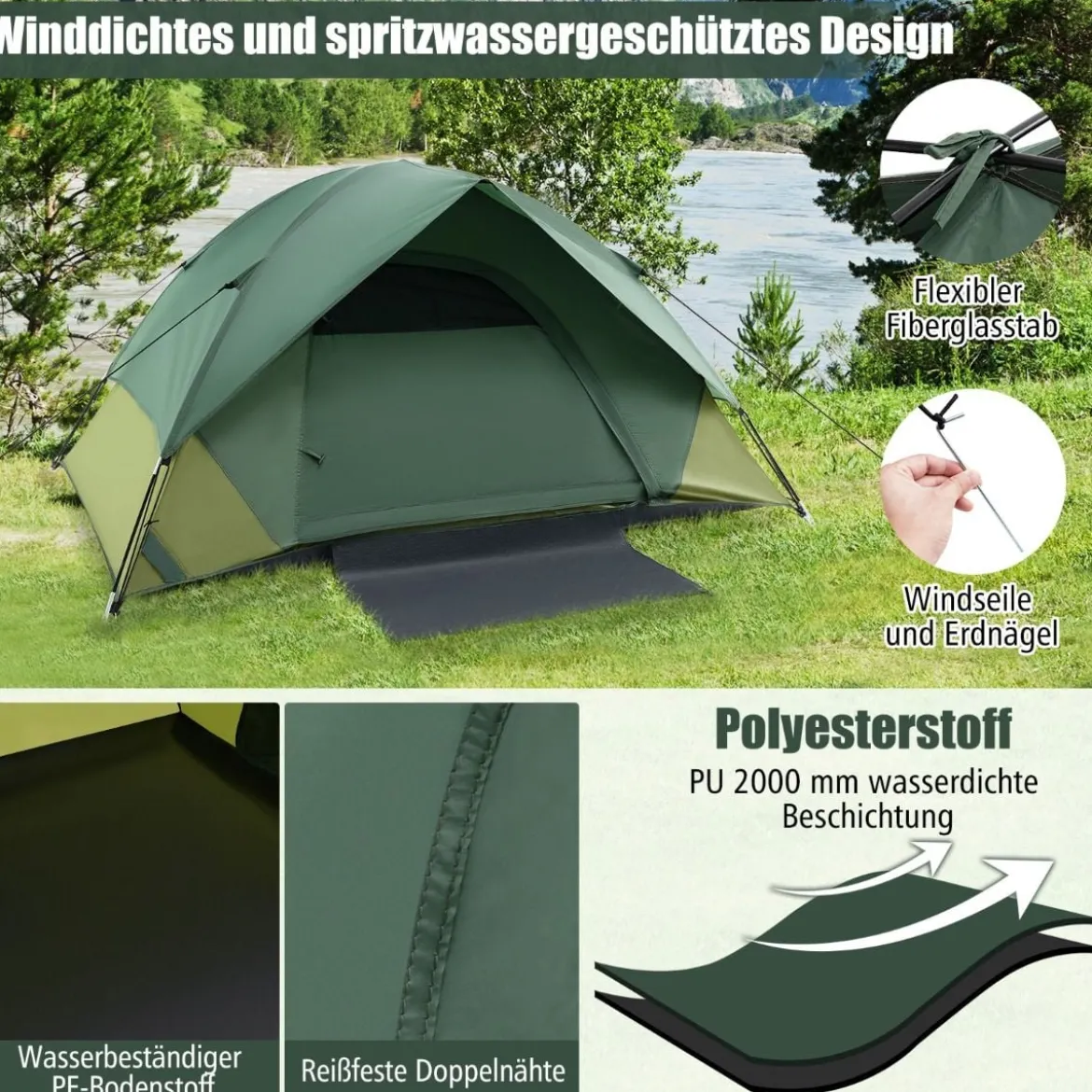 2 Personen Campingzelt mit Abnehmbarem Regenschutz & Doppellagiger Tür & 2 Netzfenstern & Tragetasche
