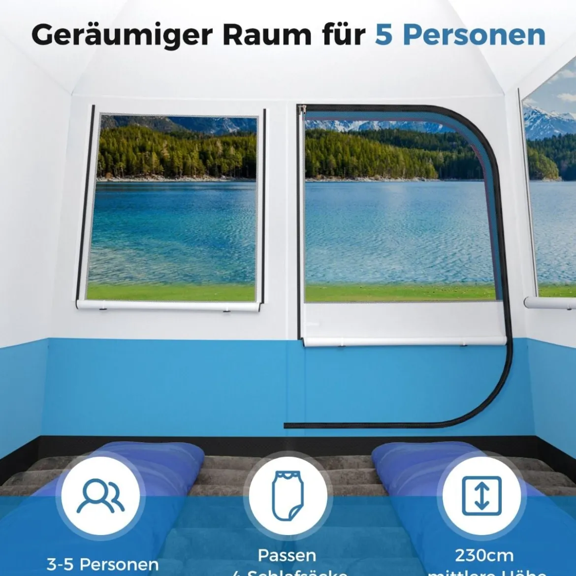 5 Personen Campingzelt mit Großer Netztür & Netzfenstern & Tragetasche Wasserdichtes Reisezelt