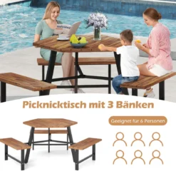 6-Personen Picknick-Tischset aus Akazienholz Gartentisch mit 3 Sitzplätzen Sonnenschirmloch