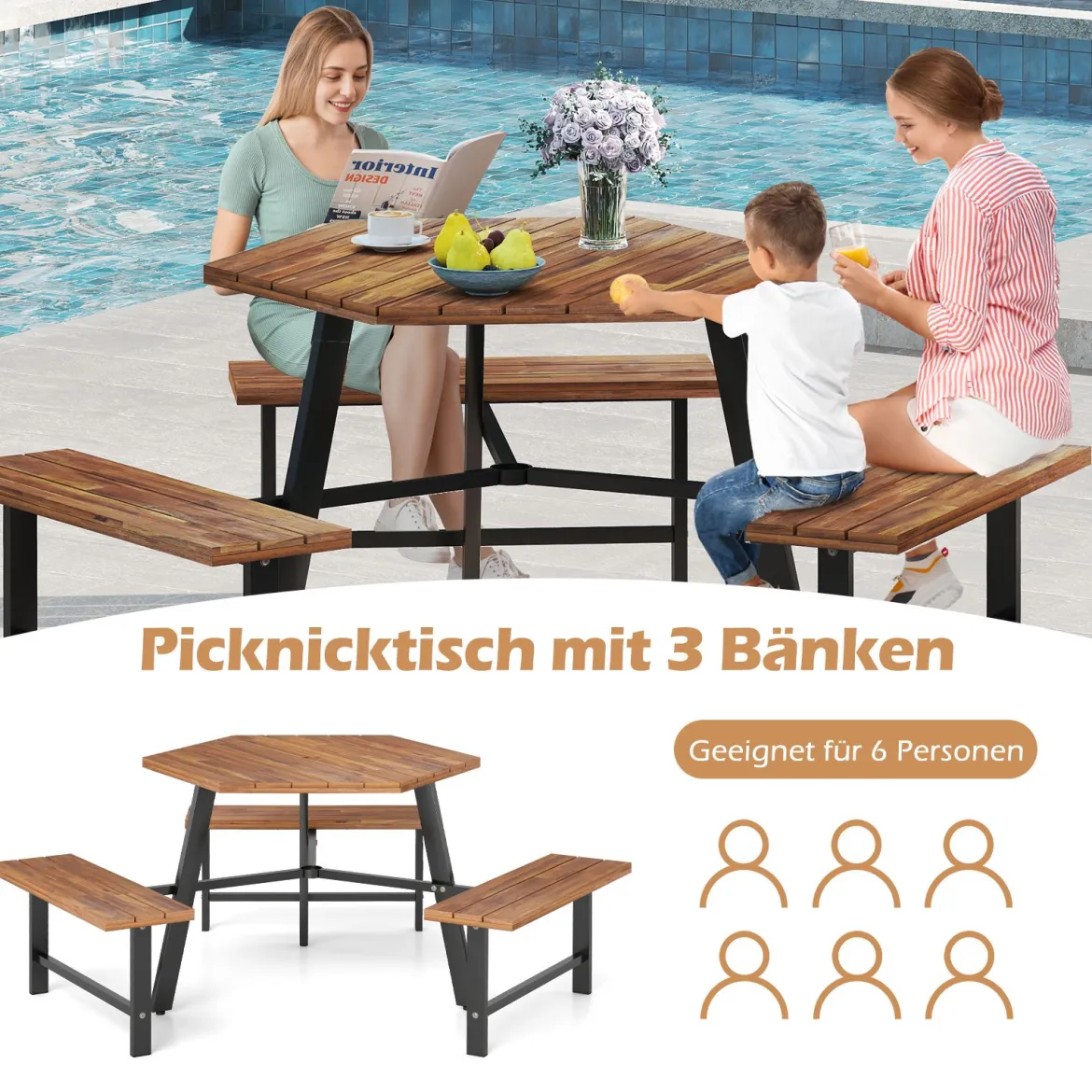 6-Personen Picknick-Tischset aus Akazienholz Gartentisch mit 3 Sitzplätzen Sonnenschirmloch
