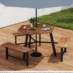 6-Personen Picknick-Tischset aus Akazienholz Gartentisch mit 3 Sitzplätzen Sonnenschirmloch