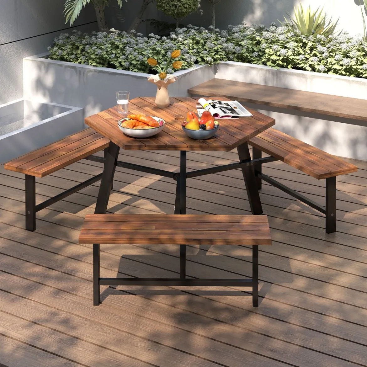 6-Personen Picknick-Tischset aus Akazienholz Gartentisch mit 3 Sitzplätzen Sonnenschirmloch