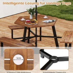 6-Personen Picknick-Tischset aus Akazienholz Gartentisch mit 3 Sitzplätzen Sonnenschirmloch