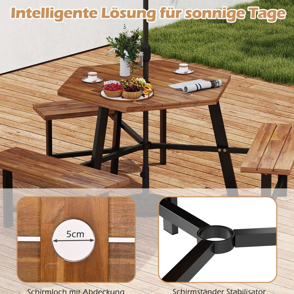 6-Personen Picknick-Tischset aus Akazienholz Gartentisch mit 3 Sitzplätzen Sonnenschirmloch