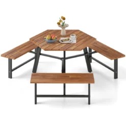 6-Personen Picknick-Tischset aus Akazienholz Gartentisch mit 3 Sitzplätzen Sonnenschirmloch