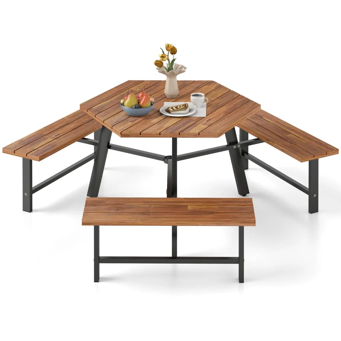 6-Personen Picknick-Tischset aus Akazienholz Gartentisch mit 3 Sitzplätzen Sonnenschirmloch