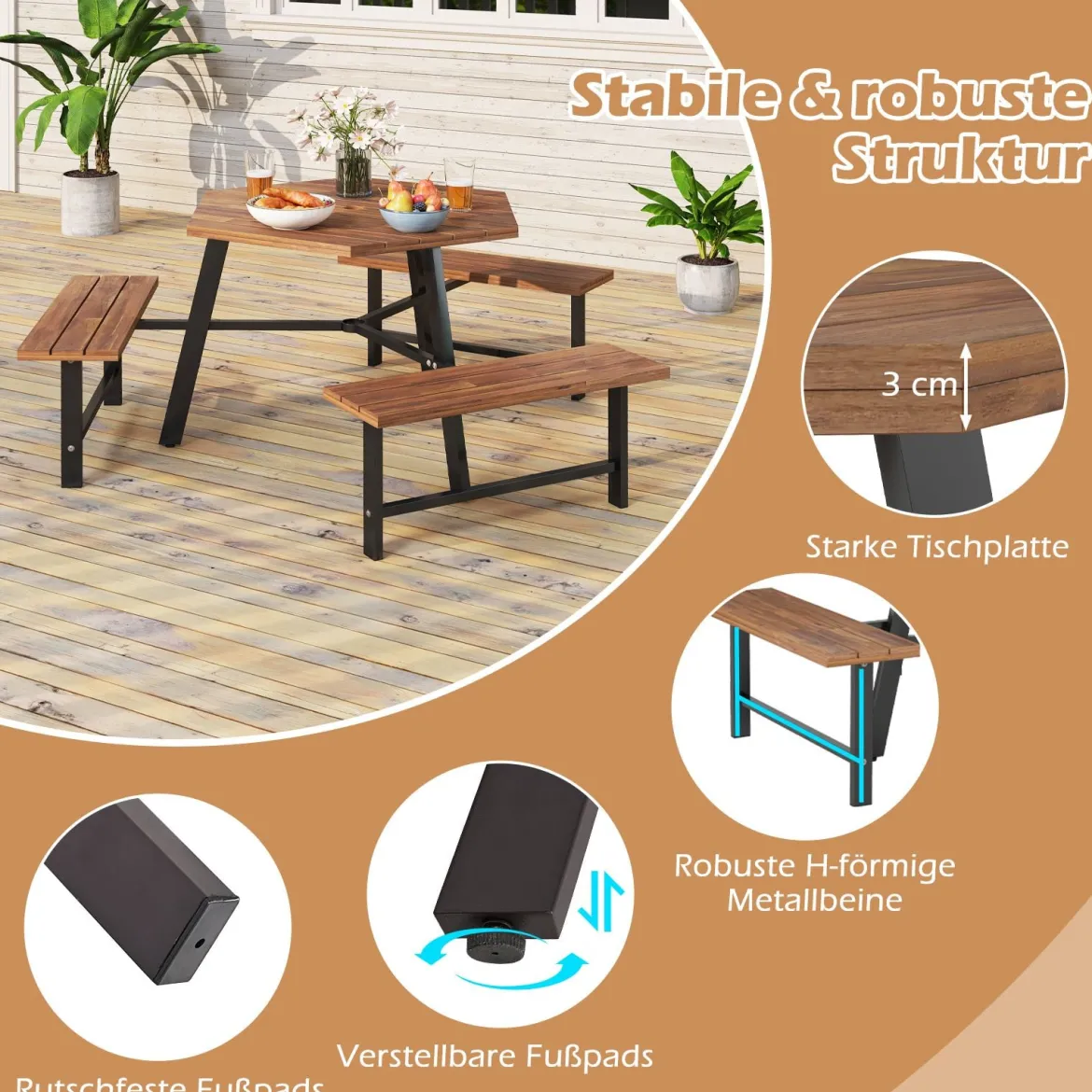 6-Personen Picknick-Tischset aus Akazienholz Gartentisch mit 3 Sitzplätzen Sonnenschirmloch