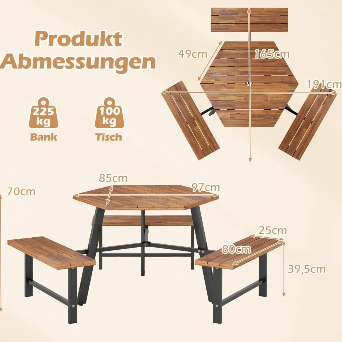 6-Personen Picknick-Tischset aus Akazienholz Gartentisch mit 3 Sitzplätzen Sonnenschirmloch