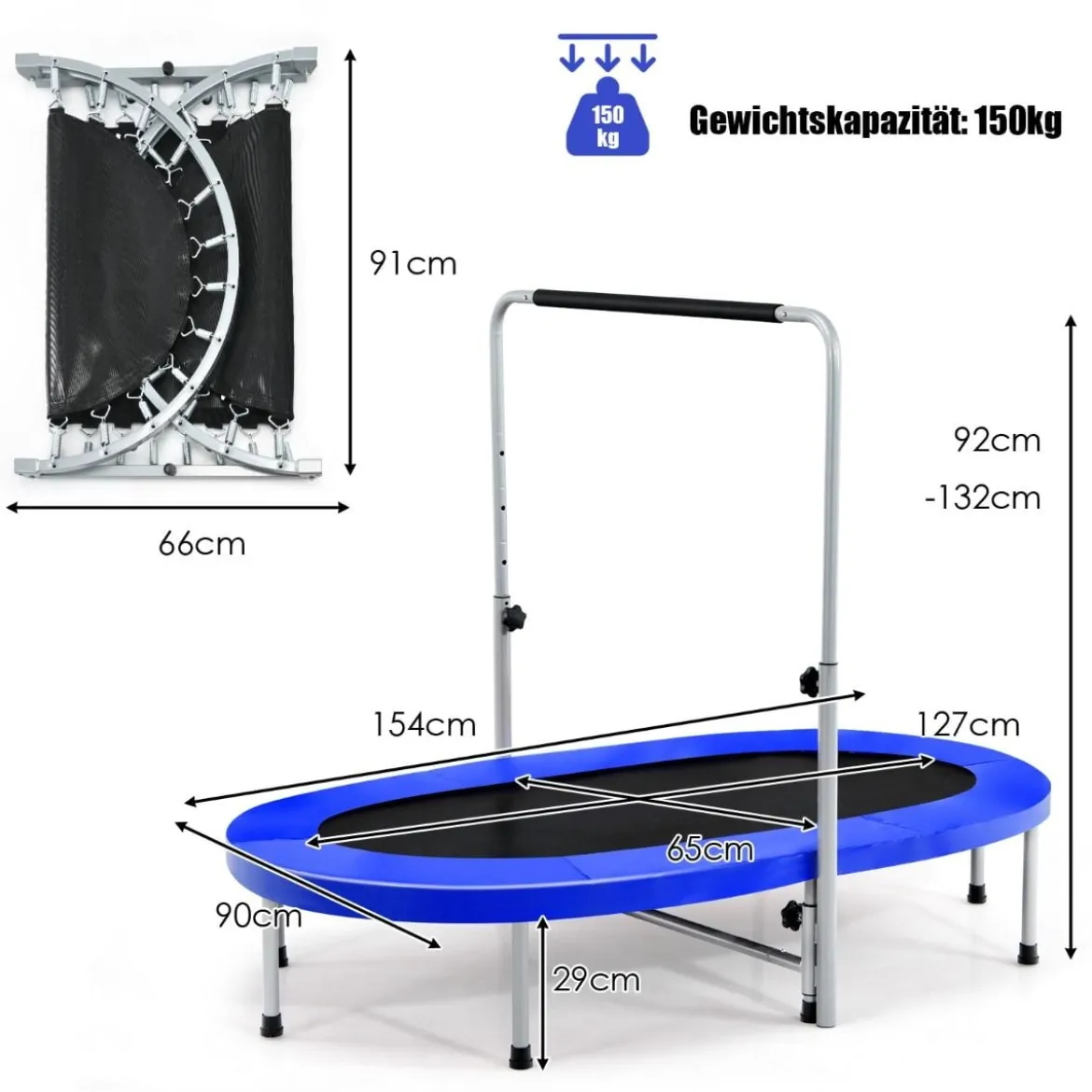 2 Personen Trampolin mit höhenverstellbarm Haltegriff Mini Trampolin 154 x 90 x 92 -132 cm Blau