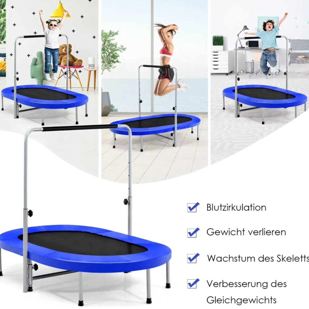 2 Personen Trampolin mit höhenverstellbarm Haltegriff Mini Trampolin 154 x 90 x 92 -132 cm Blau