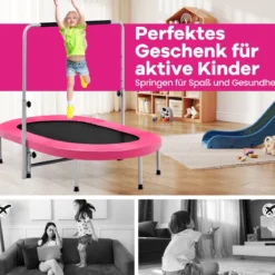 2 Personen Trampolin mit Höhenverstellbarm Haltegriff Mini Trampolin 154 x 90 x 92 -132 cm Rosa