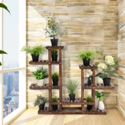 Pflanzenregal Balkon Blumenregal Blumenständer für den Garten Blumentreppe mit 6 Ebenen Holzregal 119 x 25 x 96 cm