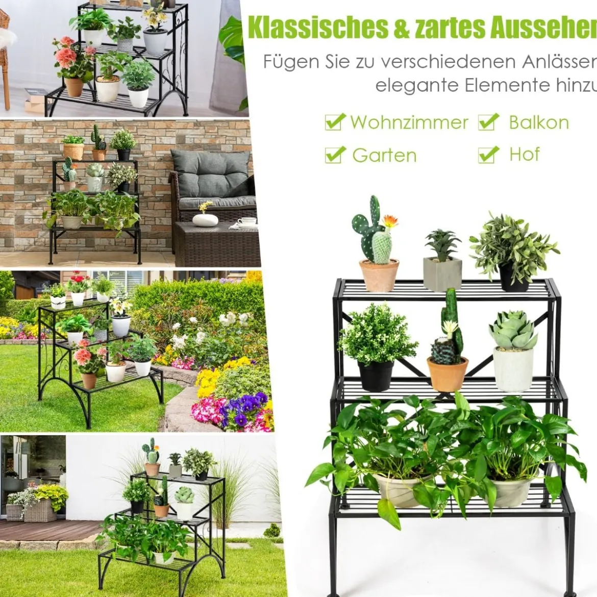 Pflanzenständer Blumentopfhalter mit 3 Regalen 61 X 61,5 X 68,5 cm Schwarz