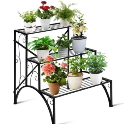 Pflanzenständer Blumentopfhalter mit 3 Regalen 61 X 61,5 X 68,5 cm Schwarz