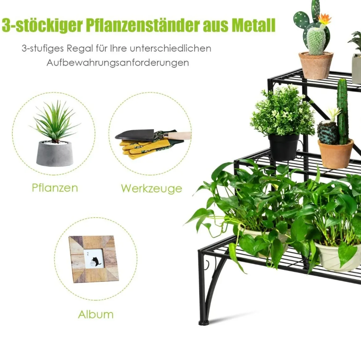 Pflanzenständer Blumentopfhalter mit 3 Regalen 61 X 61,5 X 68,5 cm Schwarz