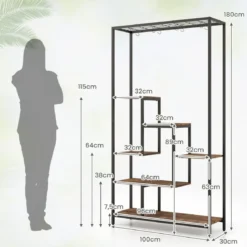 Pflanzenständer 6 Etagen 180 cm Pflanzenregal Metall mit 10 S-Haken Schwarz/Rustikales Braun